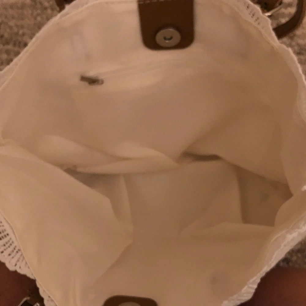 White Lace Tote Bag with Brown Handles